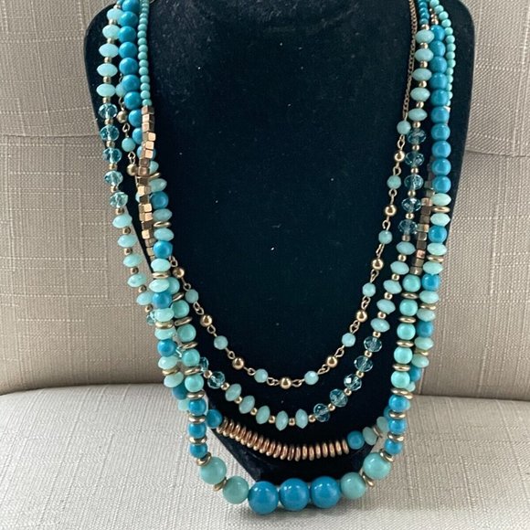 Jewelry - Women Necklace Multi Layer Blue/Gold Tone Statement Long Necklace Fashion Jewelr